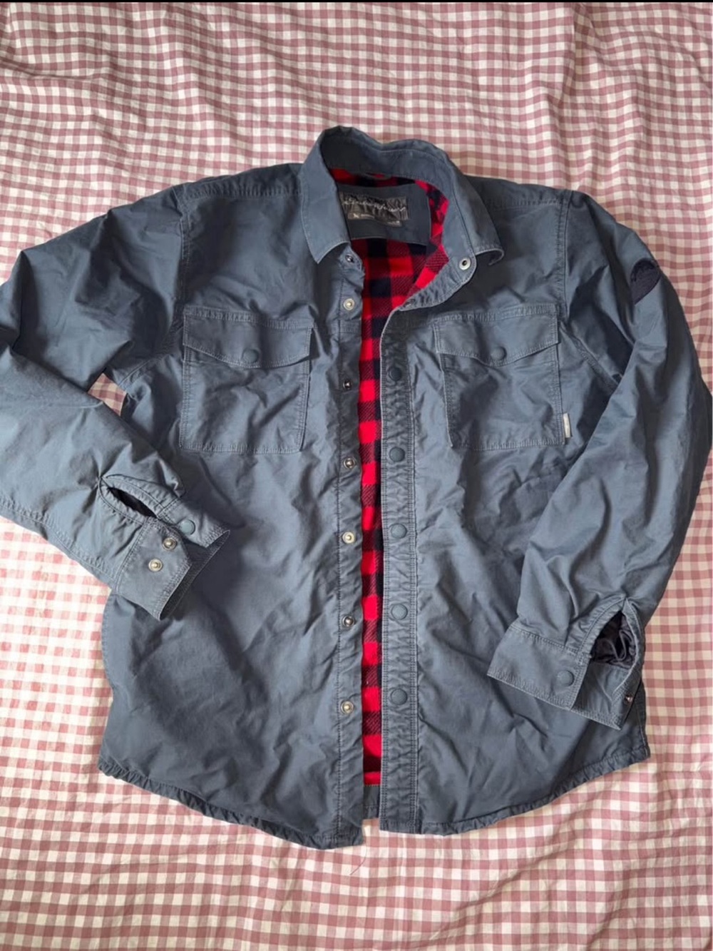 eddie bauer button shirt jacket with red plaid lining